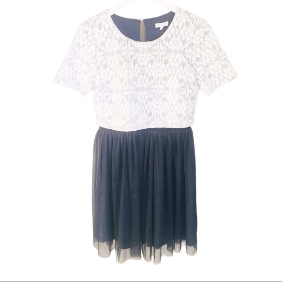 NWT WESTON (Anthro) Laced Twofer Tulle Dress With Cap Sleeve Ivory/Navy Blue S - Picture 5 of 13